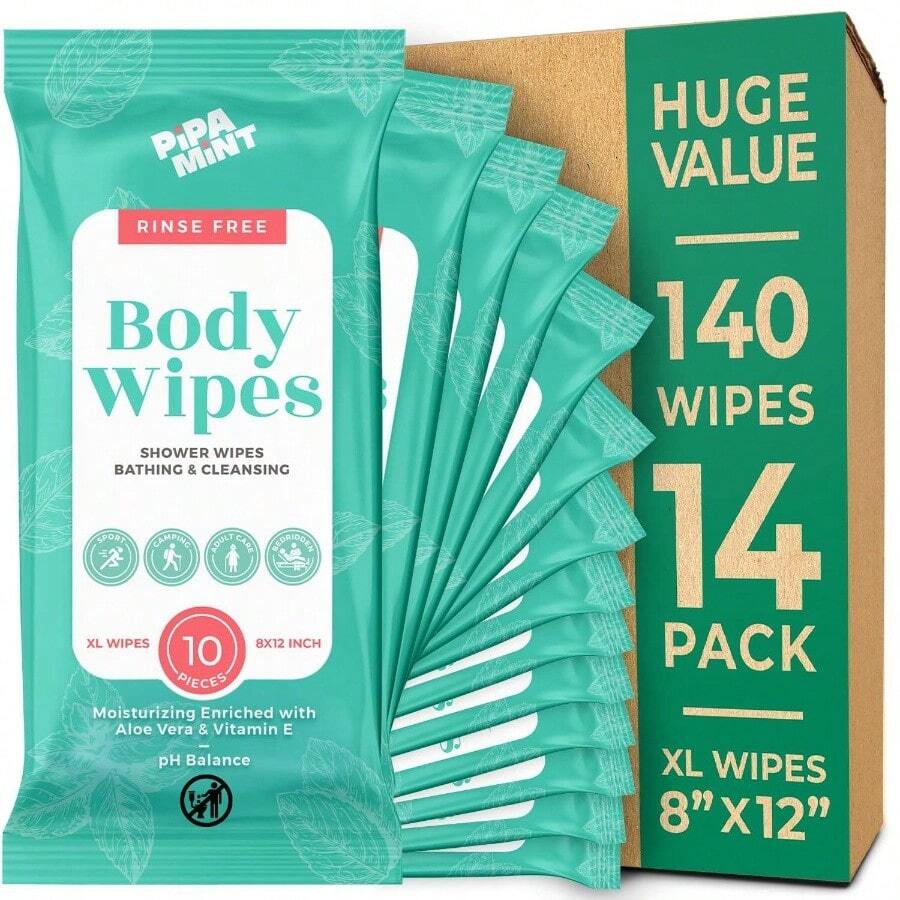Body Wipes - 14 Pack - 140 XL Bath Wipes Adults No Rinse, Adult Wipe Elderly - Body Face Gentle Skin Cleansing, Shower Wipe Bathing Travel, Elderly, Car, Gym, Camping 8x12 Inch - 新鮮+10裝(14包) - 查看 1