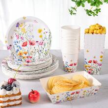 24pcs Red Flower On White Background Disposable Tableware Set, Including 7/9 Inch Paper Plates, Paper Cups, Food Boxes, Popcorn Boxes, Suitable For Birthday Party, Holiday Party, Gathering, Celebration, Wedding Tea Party, Graduation Ceremony - Multicolor - View 4