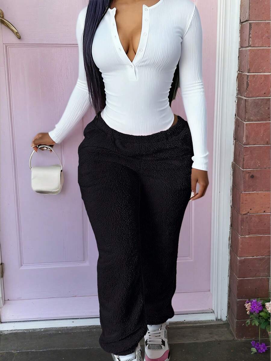 Women Solid Color Pocket Design Warm Fleece Pants Casual - Black - View 1