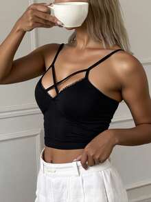 Livesso Lace Trim Cropped Camisole Top For Summer Going Out Tops - Black - View 3