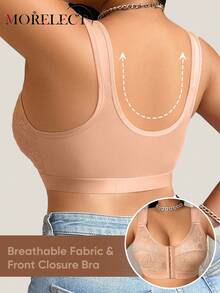 Morelect Áo ngực không gọng, cài ren phía trước dành cho nữ cỡ lớn, nâng đỡ tốt và thoáng khí. - Màu be - Xem 3