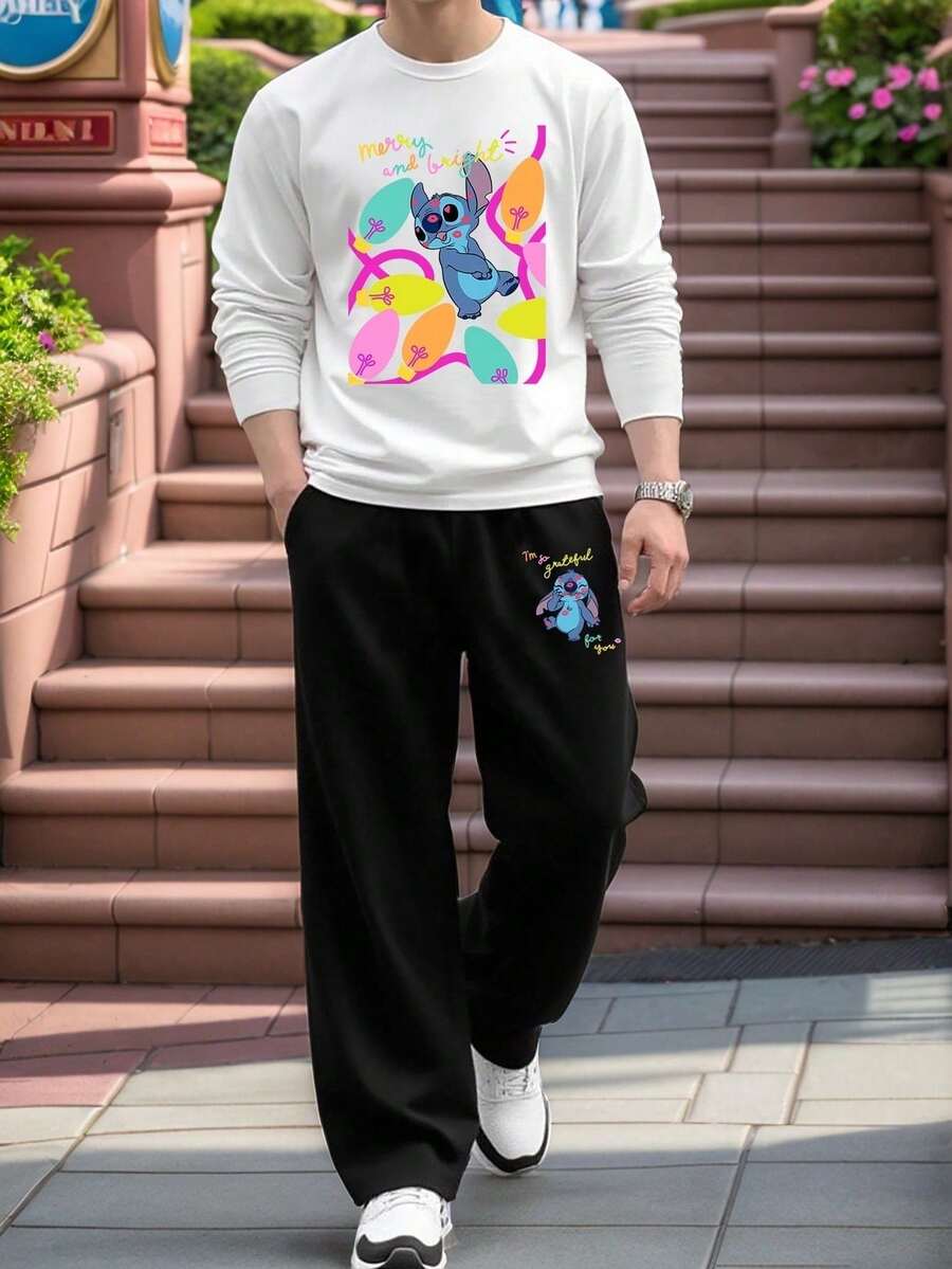 Disney طقم تيشيرت بأكمام طويلة وبنطال فضفاض واسع، مميز بتصميم ألوان سادة وطباعة رسومات خياطة، طراز كاجوال مناسب للارتداء اليومي والجري وغيرها من المناسبات، متعدد الاستخدامات للربيع والخريف - أبيض وأسود - مشاهدة 1