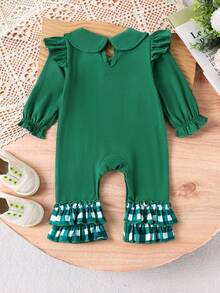 1pc Toddler Girls' Cute Fresh Floral Peter Pan Collar Long Sleeve Romper, Clover Design, Spring/Autumn - Green - View 2