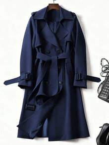 女士百搭优雅秋冬风衣，时尚通勤休闲长款风衣，英伦风中长款外套 - 藏蓝色 - 查看 2