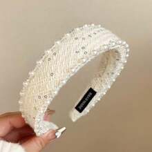 法式复古针织宽檐珍珠发箍，优雅高冠压力发箍，奢华发饰 - 黑色+白色+卡色 - 查看 4