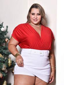 Conjunto Plus Size festa Shorts Saia com cinto e body decote V manga franzida look balada , festa, natal, réveillon. - Branco - Visão 3