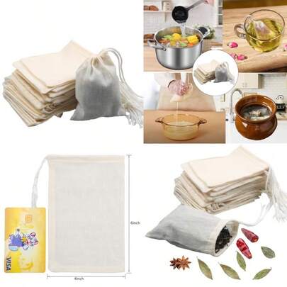 10Pcs Reusable Tea Filter Bag Soup Bone Broth Brew Spice Muslin Strainer Natural Unbleached Cotton Cheesecloth Bags For Cold Brew Coffee 4x6inch