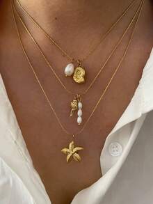 1 件不锈钢海洋风格贝壳、珍珠、海星吊坠项链，带龙虾扣，18K 镀金，防水，女士百搭 - 項鍊 - 查看 11