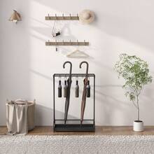 HOMCOM Umbrella Stand, Steel Umbrella Holder, Rectangular Umbrella Stand With 24 Hooks, 21 Holes, Water Tray For Walking Sticks And Umbrellas, 50 X 24 X 68 Cm, Black