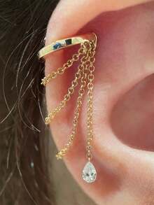 1 pieza Pendientes de doble capa de plata de ley 925, pendientes de lujo con borla y clip para mujer, adecuados para joyas de boda de novia - Dorado - Ver 1