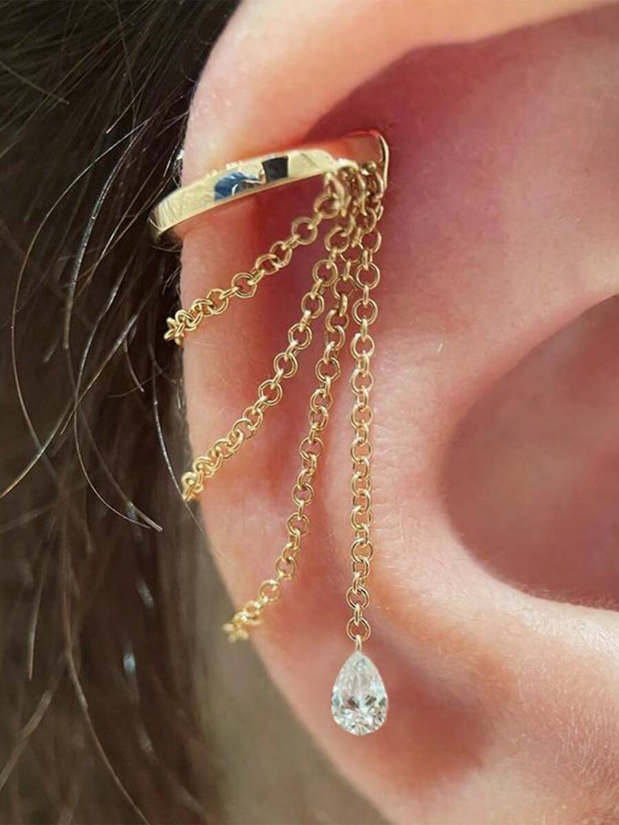 1 pieza Pendientes de doble capa de plata de ley 925, pendientes de lujo con borla y clip para mujer, adecuados para joyas de boda de novia - Dorado - Ver 1