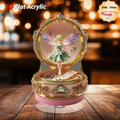 2D平面，1个优雅仙女音乐盒，带旋转底座 - 2D平面亚克力桌面摆件，金色饰面，柔和闪亮的旋律，精美的盒盖和仙女造型，适合家居/办公室展示、室内使用，营造梦幻夜晚氛围或作为实用装饰摆件，配有金色音乐盒和发光仙女，耐用的亚克力结构，适合各种房间