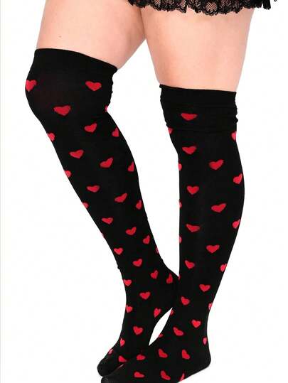 1 Pair Heart Print Over-The-Knee Socks! Fashionable, Soft And Stretchy! Perfect For Everyday Wear And Romantic Valentine's Day Atmosphere! One Size Fits Most