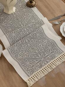 1 件长方形涤纶桌旗，带彩色流苏装饰，适用于厨房/客厅家居装饰 - 灰色 - 查看 7