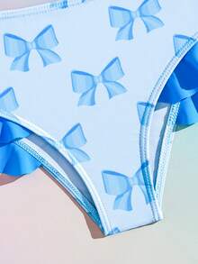 小女孩蝴蝶印花比基尼泳衣套装，浅蓝色 - 淺藍色 - 查看 6