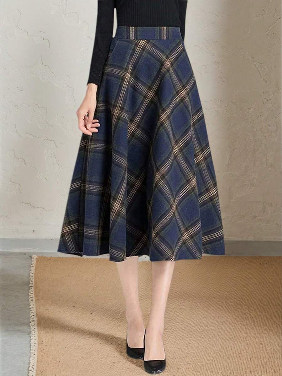 女士格子印花拉链优雅半身裙 - 藍色 - 查看 1