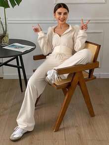 Livesso Damen Herbst Oversized Kapuzen-Sweatshirt mit Fellbesatz und weite Hose Lässig 2 Stücke Set Loungewear für Frauen - Schwarz - Übersicht 2