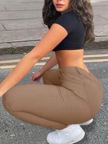 斜口袋高腰緊身褲 - 卡其色 - 查看 3