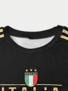 2025 年春夏男士时尚潮流条纹意大利字母印花 Polo 风格休闲短袖 T 恤 - 黑色 - 查看 5