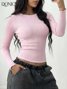 DONICY Damen rosa tailliertes Crop Top, Rundhalsausschnitt Langarm, eleganter, süßer minimalistischer Stil, geeignet für Outdoor-Aktivitäten, Lässig Kleidung, Büropendeln, Feierlichkeiten im Frühling und Herbst - Pink - Übersicht 4