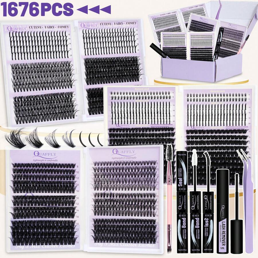 DIY Lash Extension Kit 1676Pcs D Curl Individual Spike Manga Lash Clusters Kit With Bottom Lashes, Lash Bond And Seal, Remover Tweezers Brush - màu đen - Xem 1