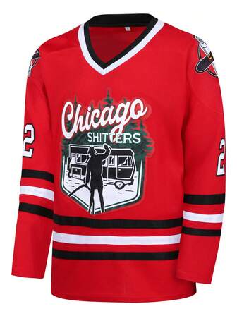 男士冰球球衣 2 红色 V 领长袖刺绣运动衫 冰球球衣