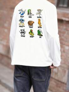 Tween Boy 意大利 Brainrot 图案长袖 T 恤，秋冬上衣 - 白色 - 查看 2
