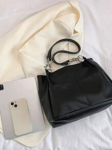 Multi-Pocket Solid Color Chain Handbag & Shoulder Bag - Black - View 10