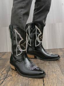 Western Style Cowboy Boots, Wedge Heel, Embroidered, Retro British Style, Couple Boots, Riding Boots, Black Boots