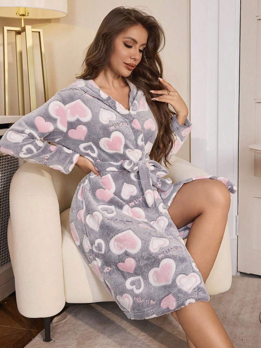 女士冬季睡袍 - 粉色和灰色爱心印花连帽浴袍，长袖，带帽，可调节抽绳腰带，舒适保暖，爱心印花，多种颜色可选，可机洗，节日、新年、情人节的绝佳礼物