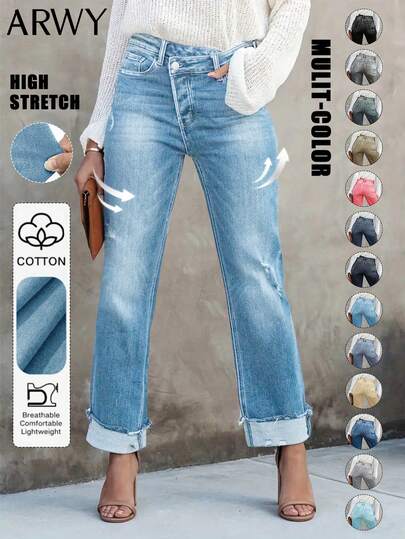 ARWY 女士休闲做旧直筒牛仔裤，修身版型，百搭，适合日常穿着、度假、舞台表演、万圣节、返校季等各种场合，四季皆宜。