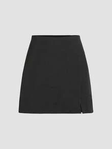 Women's High Waist Zipper Front Slit Mini Skirt - Black - View 1