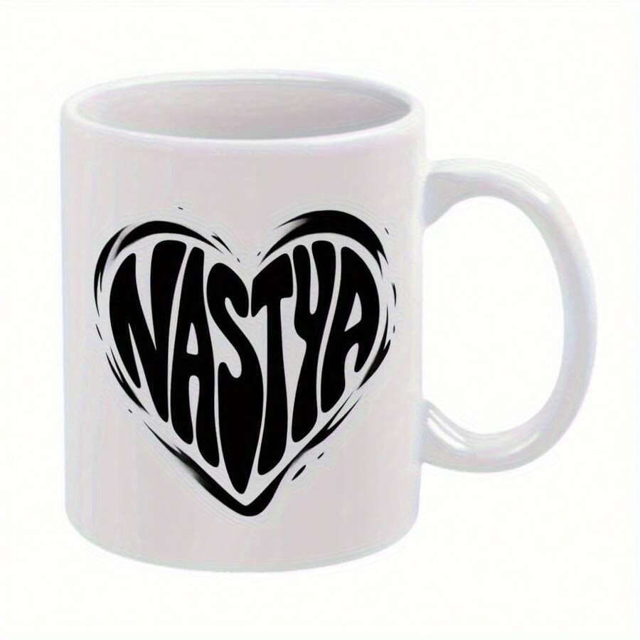 1pc Nastya Heart Ceramic Coffee Mug - Elegant White Cup Coffee, Tea, Hot Chocolate - Durable, Easy-To-Carry Design - Birthdays, Valentine's, Anniversaries - Home, Office, Travel - Trái tim, Văn bản, Nastya - Xem 1