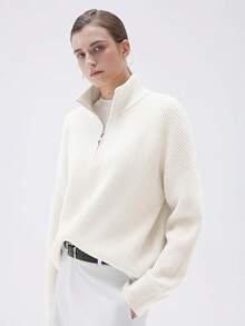 Women Cashmere Oversized Quarter Zip Pullover Sweater Long Sleeve Collared Ribbed Knit Jumper Tops, 2025 Style - trắng - Xem 4