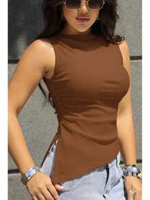 Women's Asymmetrical Ribbed Plain Blouse Summer 2025 | Sophisticated Casual Fashion Basic Look - 鏽棕色 - 查看 1