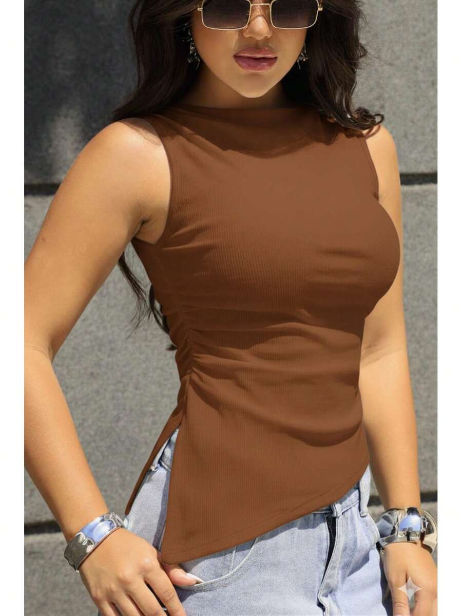 Women's Asymmetrical Ribbed Plain Blouse Summer 2025 | Sophisticated Casual Fashion Basic Look - 鏽棕色 - 查看 1