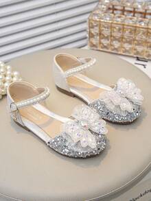 Girls' Dress Shoes, Mary Jane Princess Shoes, Girls' Flats, Shiny Low Heel Shoes, Flower Wedding Party Shoes, Suitable For Kids/Adults - Silver - View 3