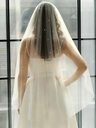 1件1米长珍珠装饰优雅简约新娘头纱，女士婚纱配饰