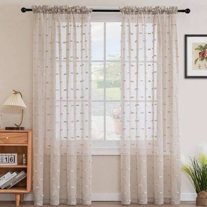 Pom Pom Linen Textured Sheer Curtains Bedroom Filtering Semi Sheer Rod Pocket Curtain Drapes Living Room, Nursery Room, Set Of 2 Panels, Iinen, 132x 213