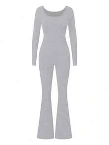 AiTyi PETITE 女士连体裤，修身休闲纯色U领简约优雅性感舒适修身款，适合户外运动通勤，百搭Y2K风格，毕业典礼、狂欢节、复活节、母亲节、春夏针织长袖喇叭裤连体裤 - 花灰 - 查看 4