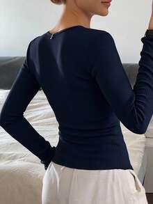 Livesso Áo khoác cardigan dáng ôm cổ tròn họa tiết gân đơn giản tay dài cho nữ, quần áo mùa thu cho nữ - Màu xanh hải quân - Xem 3