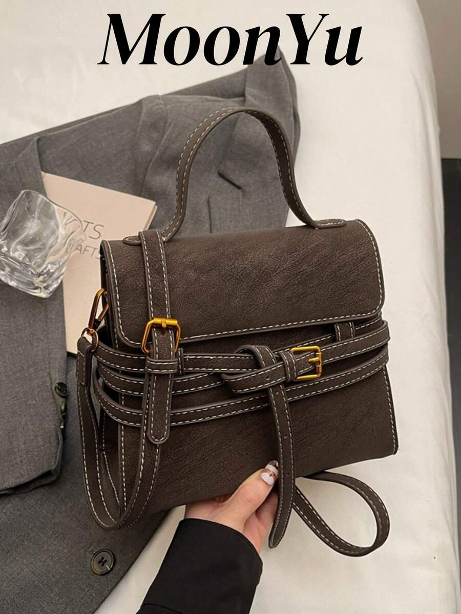 女士方形手提包，时尚简约复古优雅哑光PU皮革，适合肩背，适合女性、女孩、大学生，适合购物、通勤，咖啡色 - 查看 1