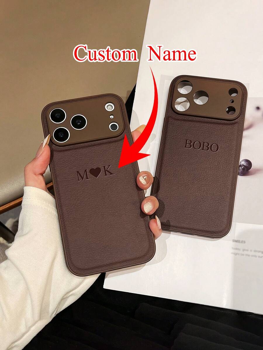 Luxury Letter Elements PU Leather 1 Pc Customized Personalized Name Brown Phone Case Compatible With IPhone 13 14 15 16 17 Pro Max Plus 17 Air 3D DIY Engraved Letters Initials Name Shockproof Case Festival Gifts For Couple Friends Family Yourself Travel Organizer Birthday Anniversary Gift