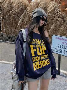 复古美式斜肩露肩长袖卫衣，新款秋季字母印花休闲宽松套头衫 - 藏蓝色 - 查看 3