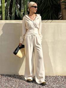 Livesso Damen Herbst Oversized Kapuzen-Sweatshirt mit Fellbesatz und weite Hose Lässig 2 Stücke Set Loungewear für Frauen - Schwarz - Übersicht 4