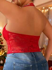 EZNV Christmas Hot ! Red Lace Halter With Boning, Plus Size Flattering Party Wear Top - Red - View 2