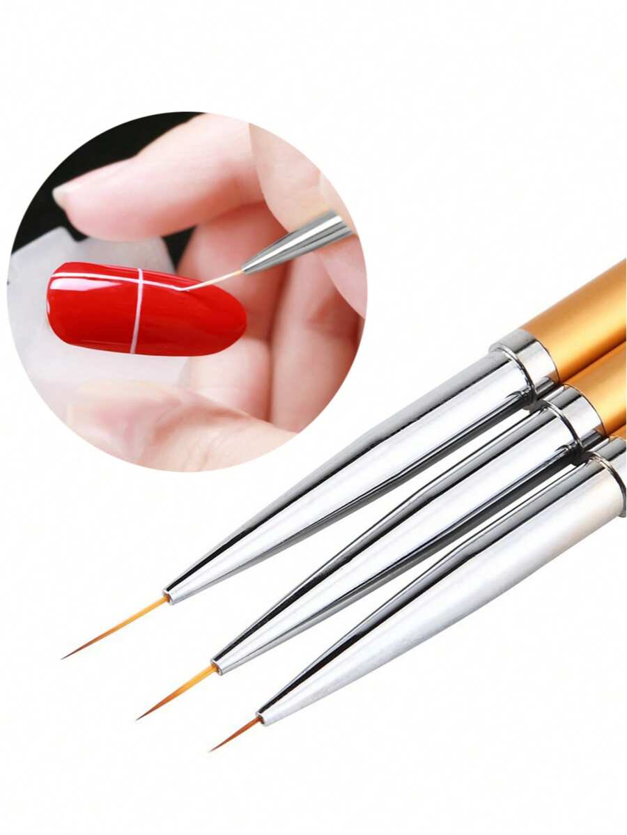3pcs Nail Art Tools, Nail Art Pens, Metal Rod Flower Line Drawing Pens, Gold Nail Art Pens, Striping Tape Liner Brushes - Multicolor - View 1