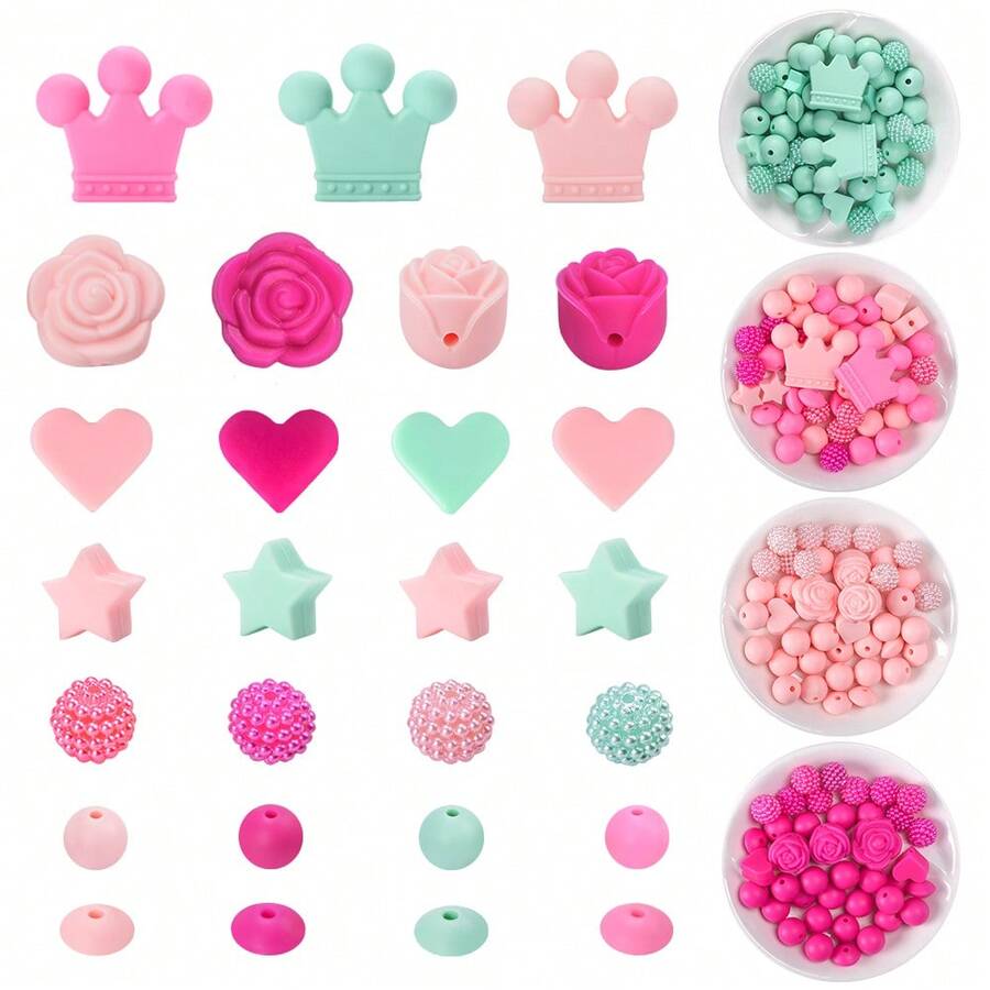 40/42件/套硅胶珠饰品制作套装，DIY串珠工艺配件，包含皇冠/心形/星星/玫瑰花等时尚装饰珠，非常适合制作串珠笔/项链/手链/钥匙扣/证件挂绳，适合女性、男性、手工艺者、学生、上班族、礼品购买者。 - 皇冠玫瑰花混合套裝 - 查看 1