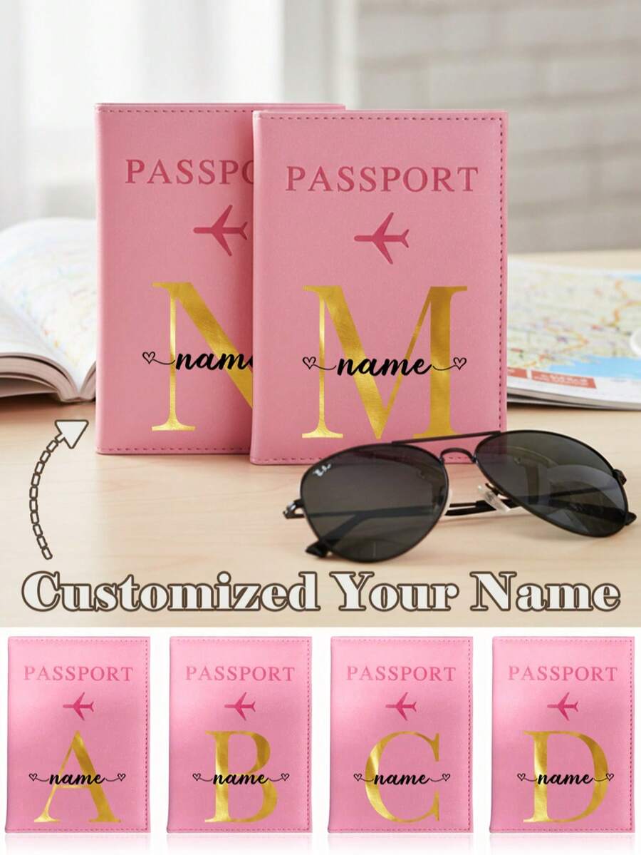 1pc Customized Name PU Passport Cover Passport Sleeve Holder Protector Bank Business Card Case Organizer Protective Slim Leather Portable Documents Storage Ultra Slim ID Card Wallet Coin Purse RFID Blocking Waterproof Women Man Travel Accessories DIY Personalized Any Name Letter Airplane Alphabet Initial Print Pattern For Office Business Air Ticket Clip Fold With Customize Name Letter Portable,Multifunction,Versatile,Lightweight,Functional,Practical Fashionable,Colorful,Contracted,Kawaii,Vacay Vibes/Vacation,Minimalist,Basics Hot Pink Custom,Unique Finds,Winter Fashion,Christmas/Holiday Gift,Personalized Gifts For Women,Purses And Bags Ideal Gifts For Him Her,Boyfriend,Girlfriend,Friends,Pink Girls For Anniversaries,For Christmas,For Holiday/ Vacation,For Outdoors/Outings/Travel/Hiking/Stadium/Sports/Climbing,Customized Passport Case,Street Casual Chic - Pink - View 1