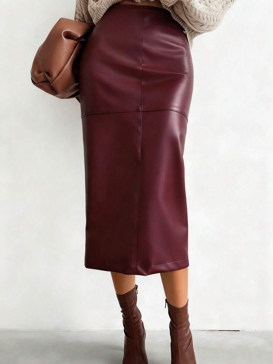 Women's PU Leather Skirt, Fashionable Commuter Zipper Slit French Elegant Fitted Maxi Skirt